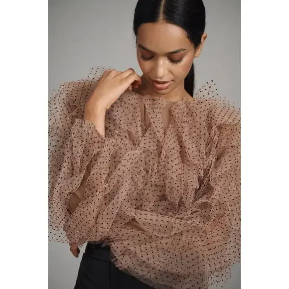 Anthropologie Dolan Womens XL Left Coast Mesh Ruffle Top Nude Polka Dot Romantic - Picture 3 of 16
